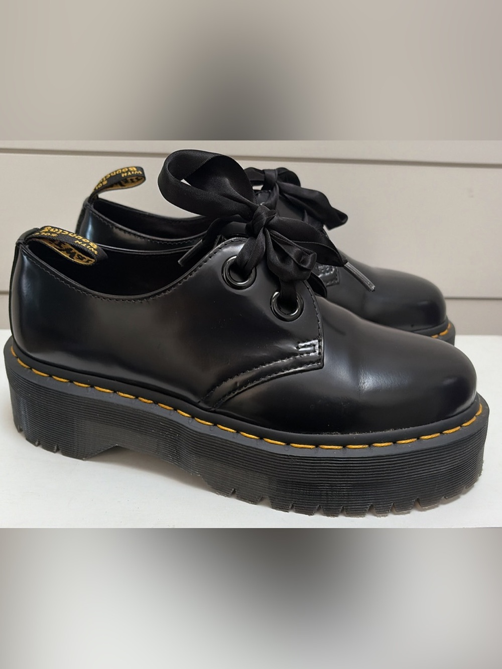 Dr. Martens Black Leather Lace-Up Platform Shoes with Yellow Stitching
